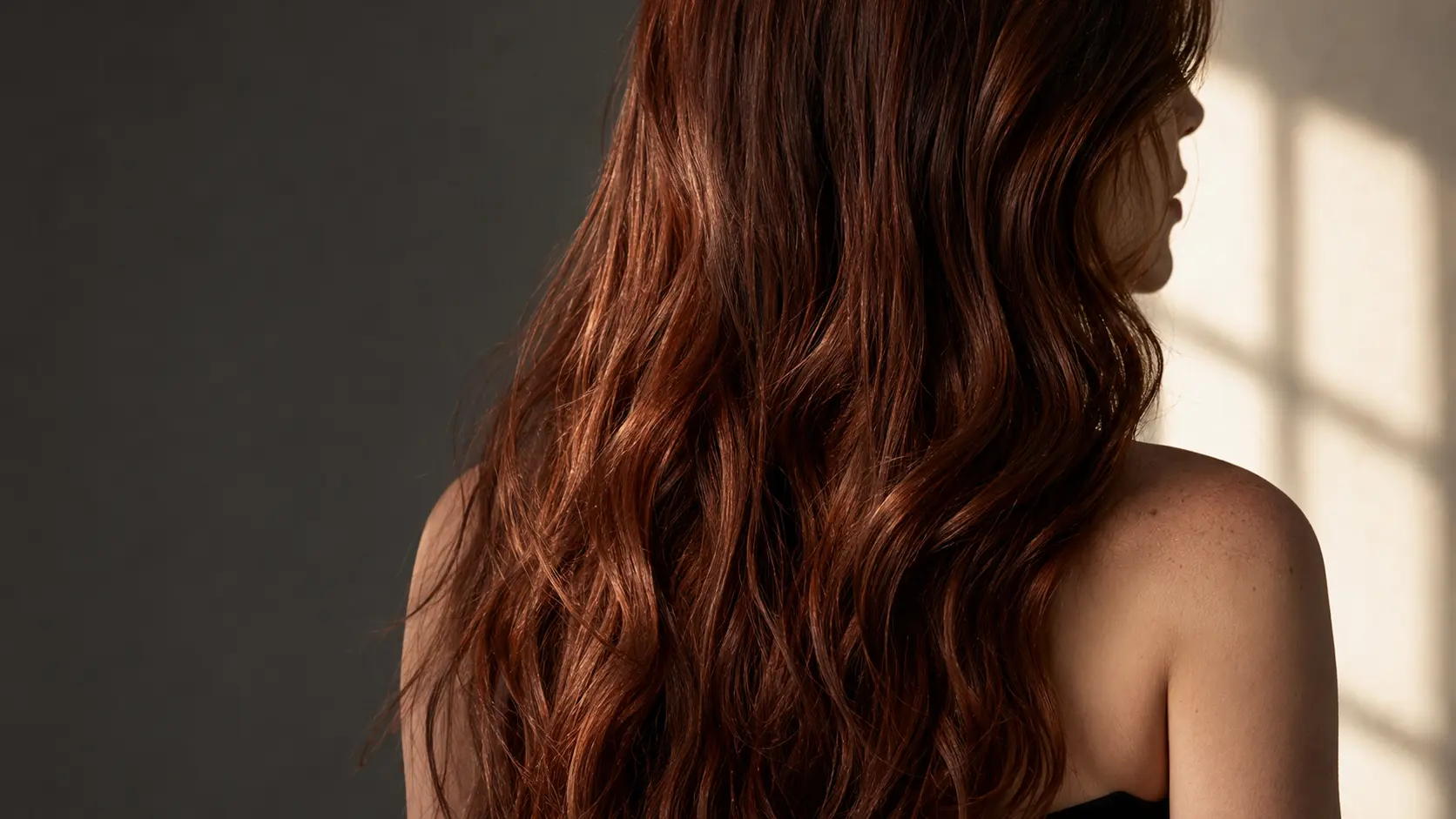 Cheveux longs brun acajou avec des reflets rouges et cuivrés révélés par une lumière naturelle latérale