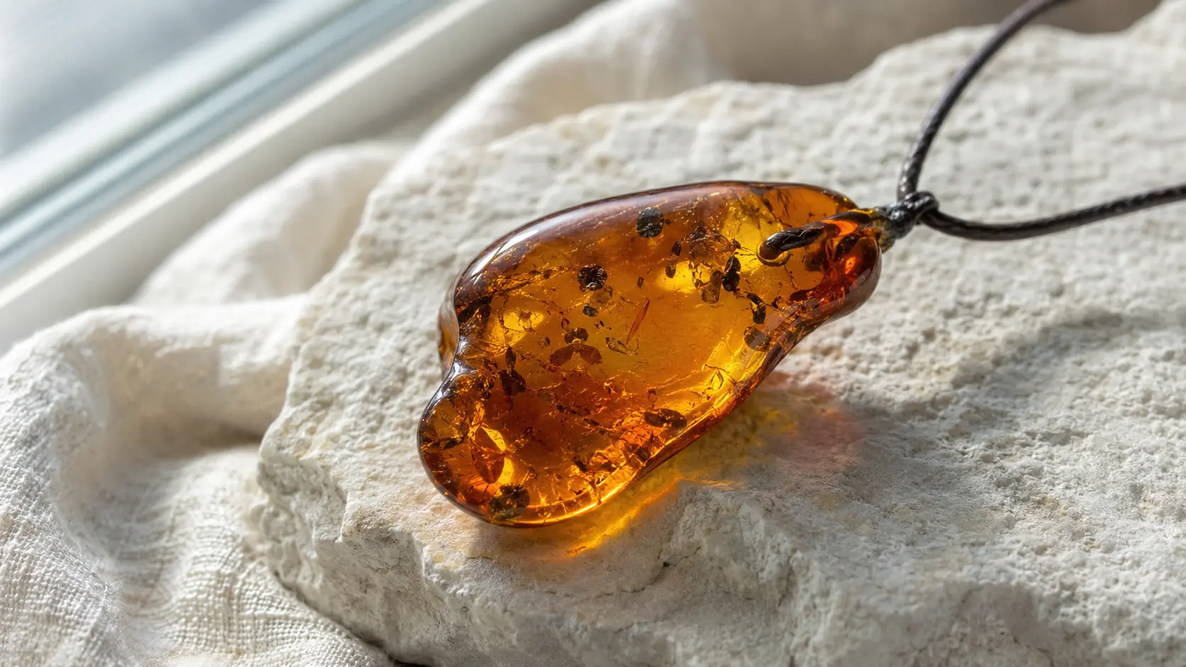 Pendentif d’ambre translucide avec inclusions naturelles éclairé près d’une fenêtre