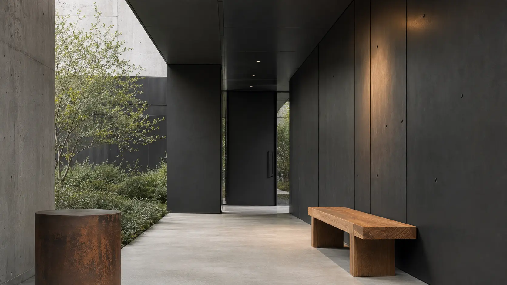 Architecture contemporaine anthracite avec béton clair, banc en chêne, cuivre patiné et végétation