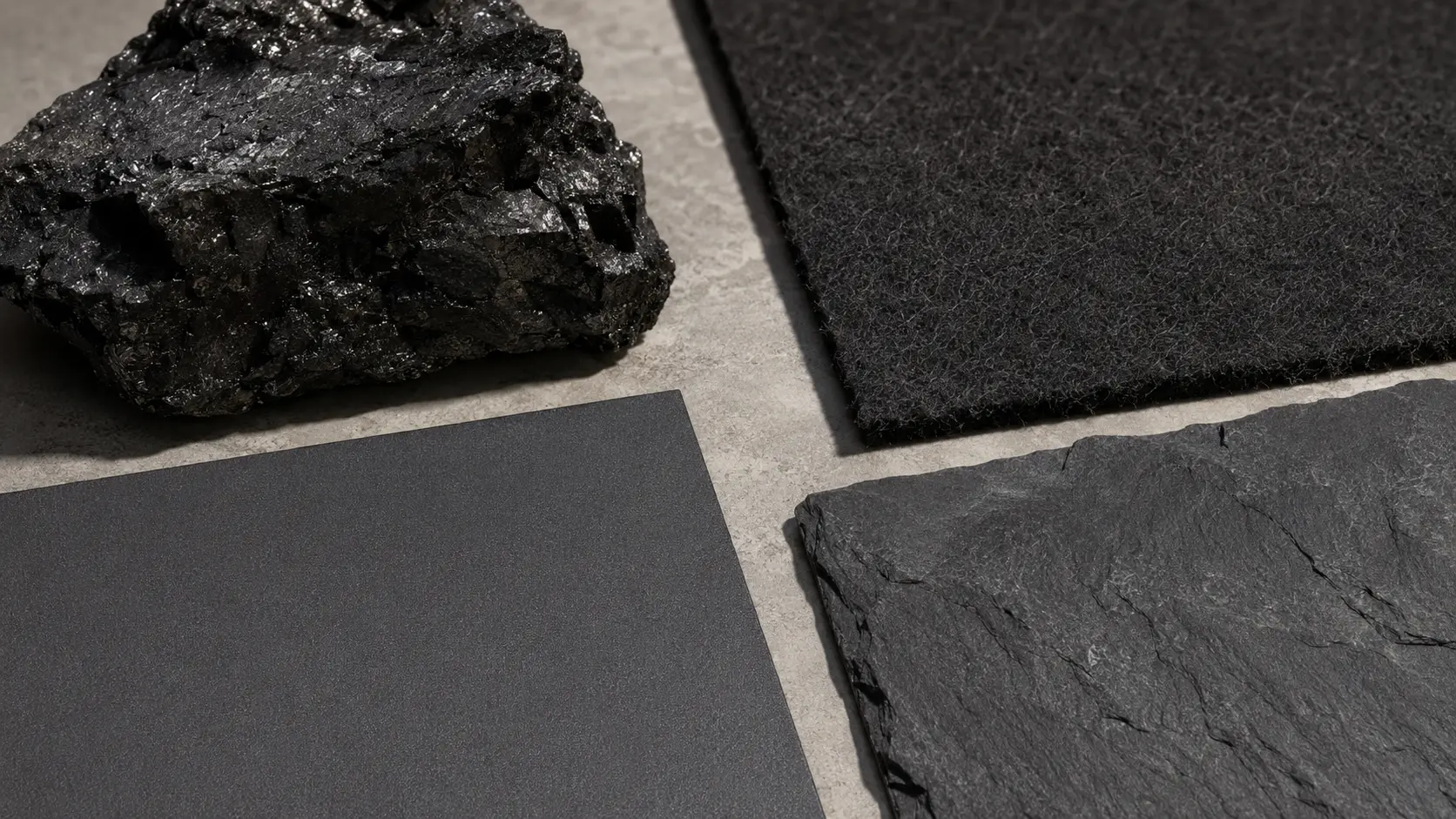 Étude de matières anthracites : charbon brillant, feutre mat, acier thermolaqué et ardoise
