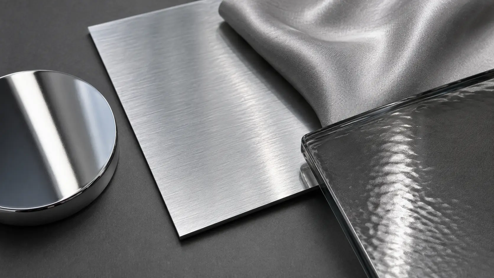 Étude de matières argentées : métal poli, aluminium brossé, satin et verre fumé