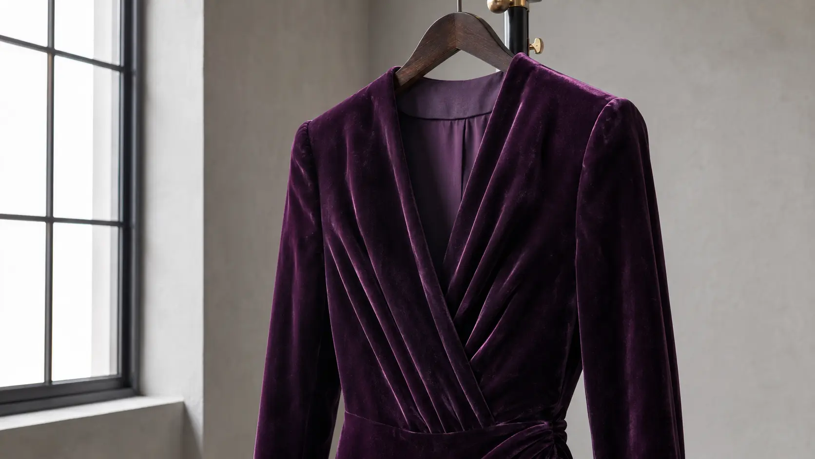 Vêtement en velours aubergine suspendu près d’une fenêtre, avec plis et sous-tons rouge-violet visibles