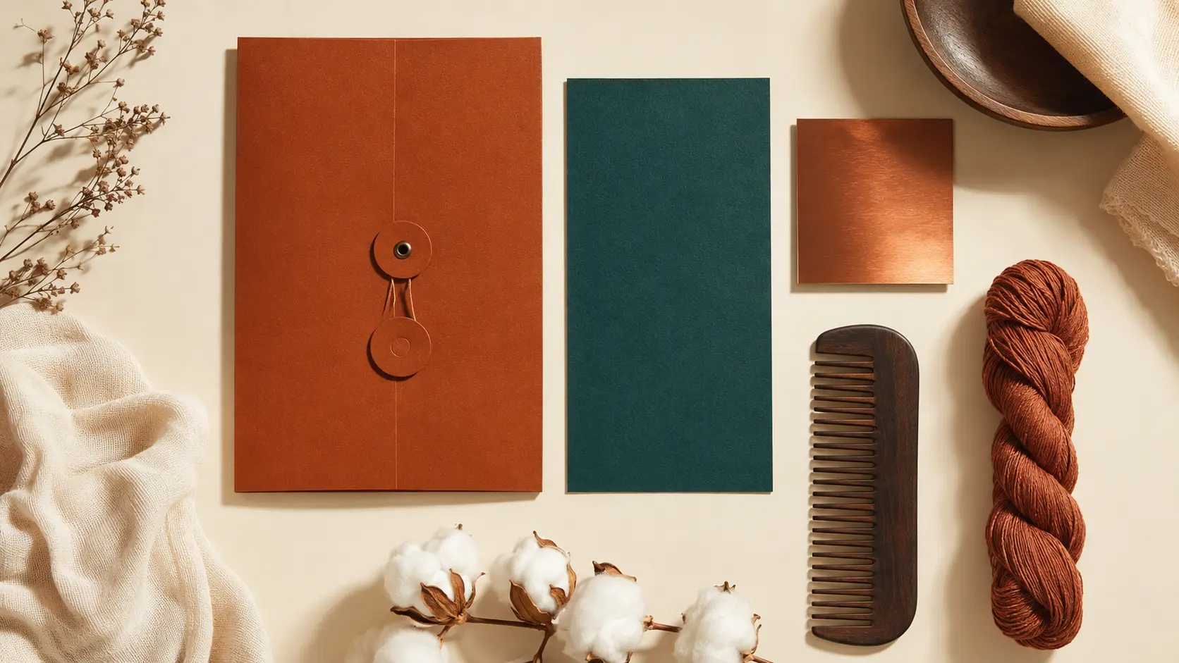 Palette d’application auburn avec papeterie brun rouge, papier pétrole, ivoire, cuivre et peigne en bois sombre