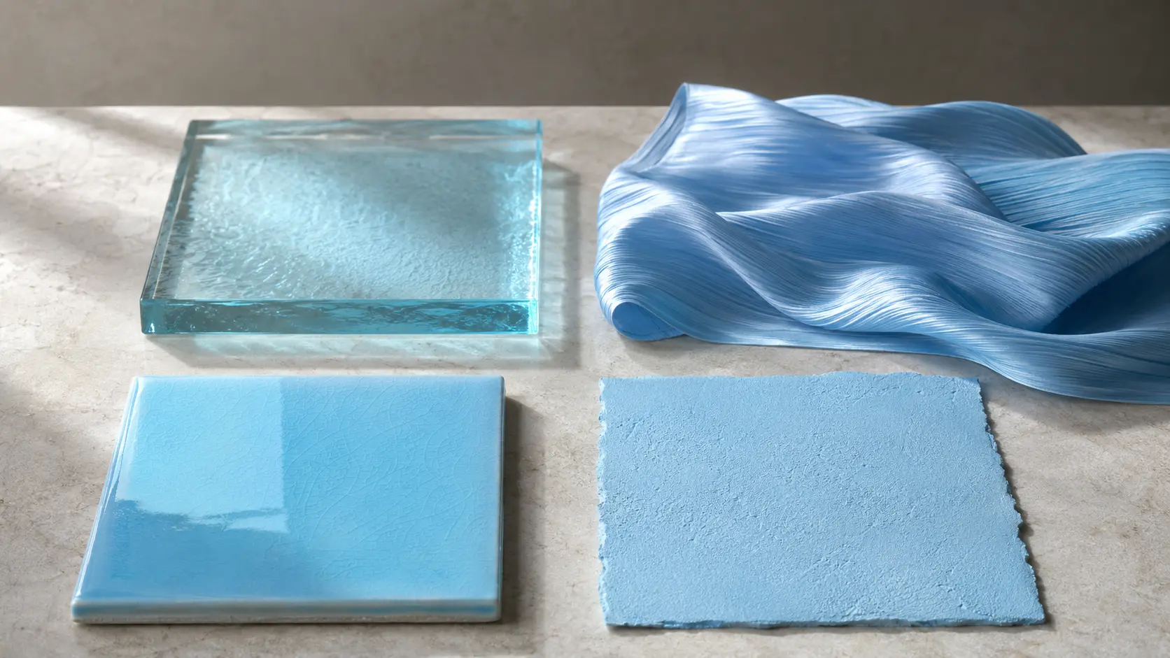 Étude de matières azur : verre translucide, céramique émaillée, soie plissée et enduit minéral mat