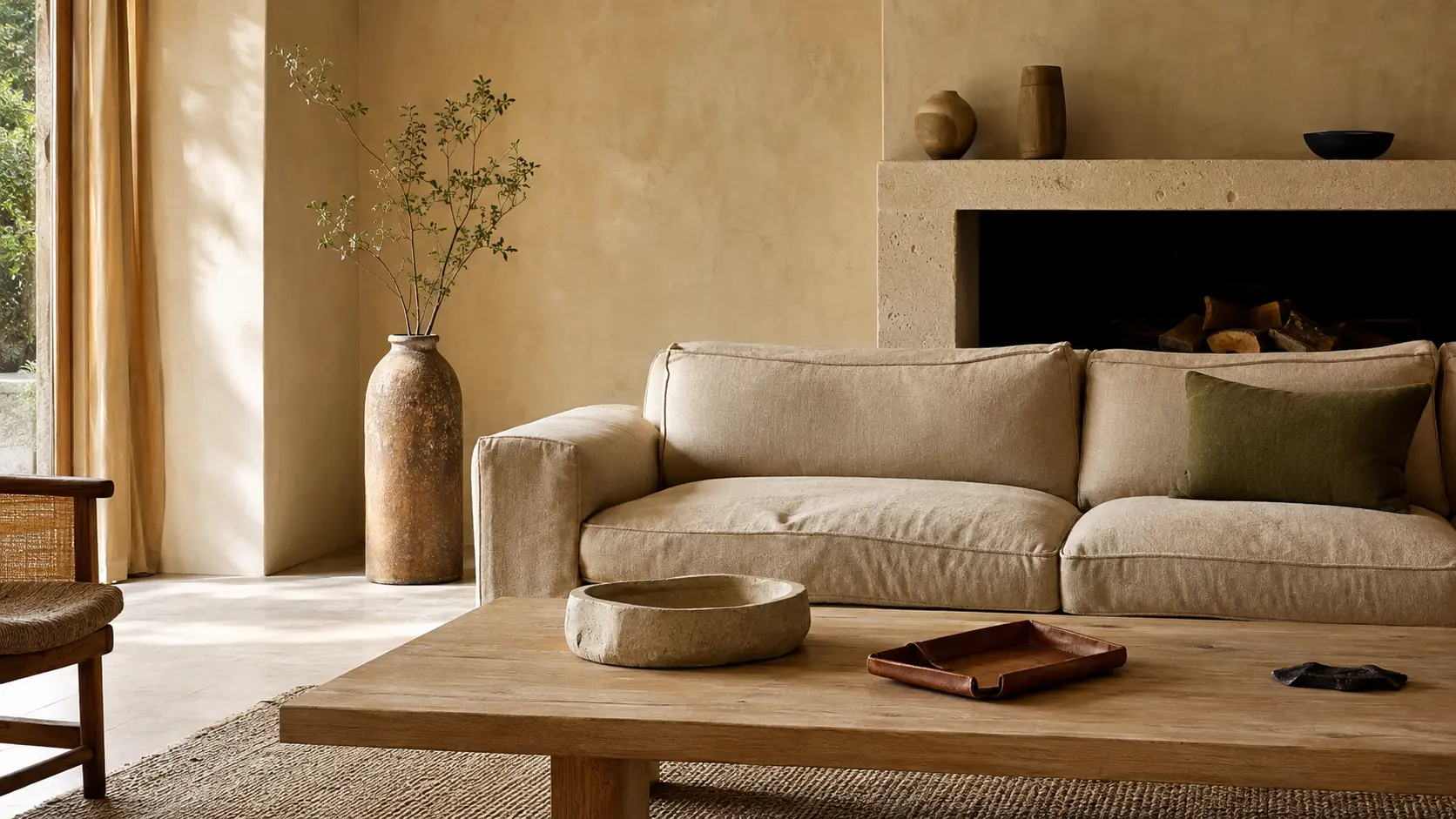 Intérieur beige en lin et enduit avec travertin, chêne, coussin olive, cuir cognac et détail charbon