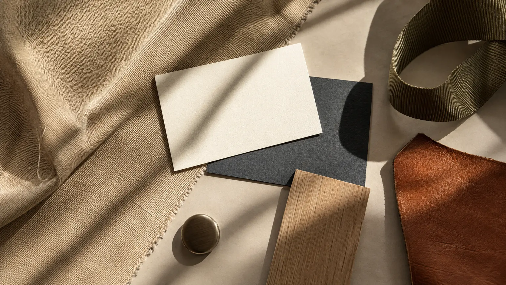 Palette d’application beige avec lin, cartes ivoire et charbon, olive, cuir cognac, chêne et métal mat