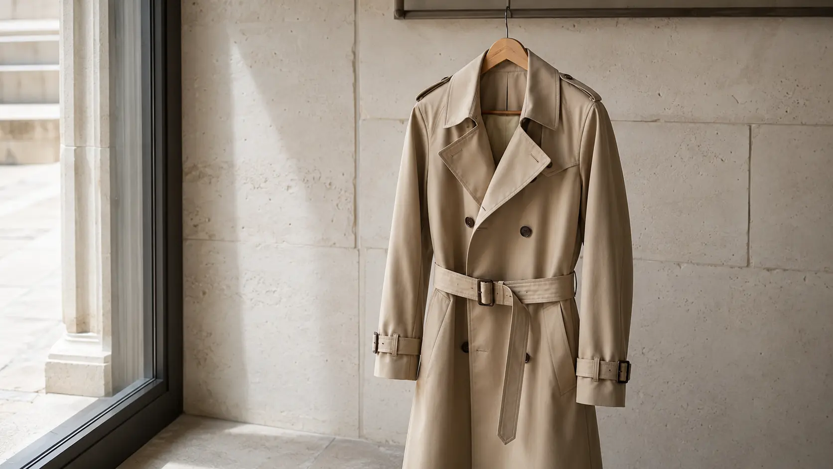 Trench-coat beige en gabardine suspendu près d’une fenêtre sur un mur de pierre claire