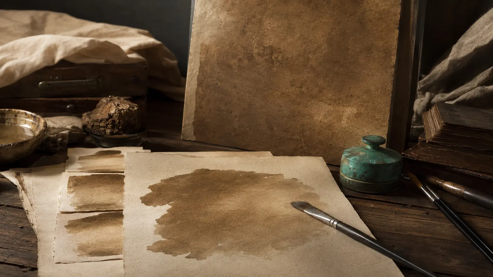 Atelier de lavis bistre avec papiers anciens, pigment, pinceaux, toile écrue, bois sombre et objet vert-de-gris