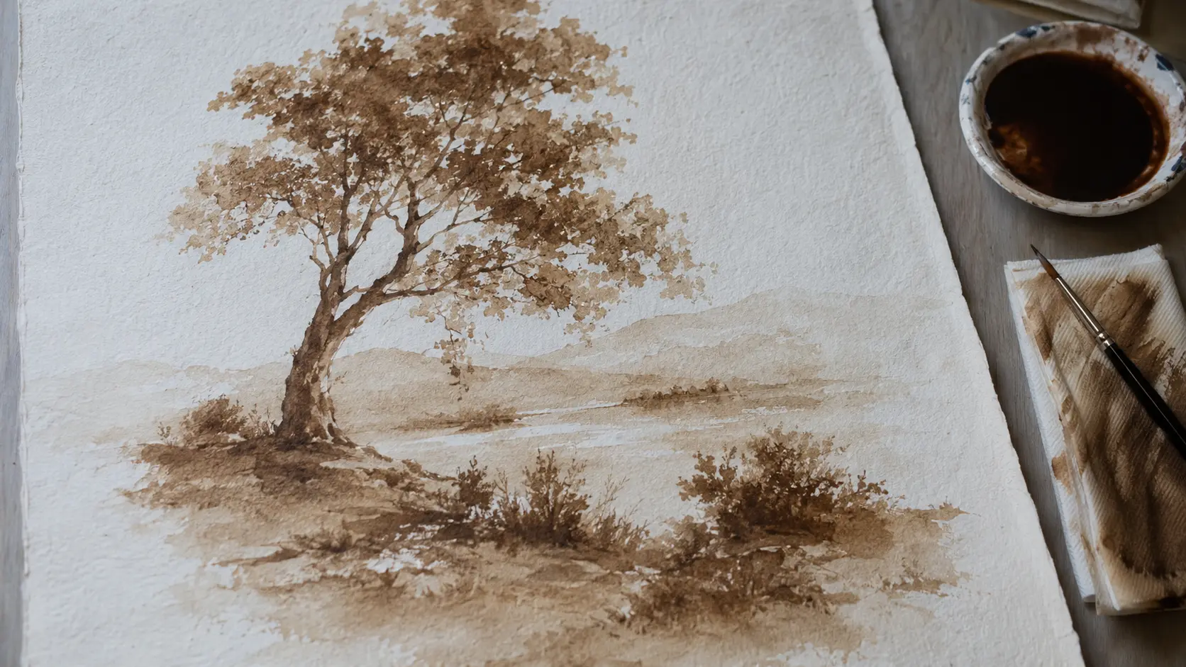 Paysage et arbre peints en lavis bistre sur papier fait main avec pinceau et coupelle d’encre