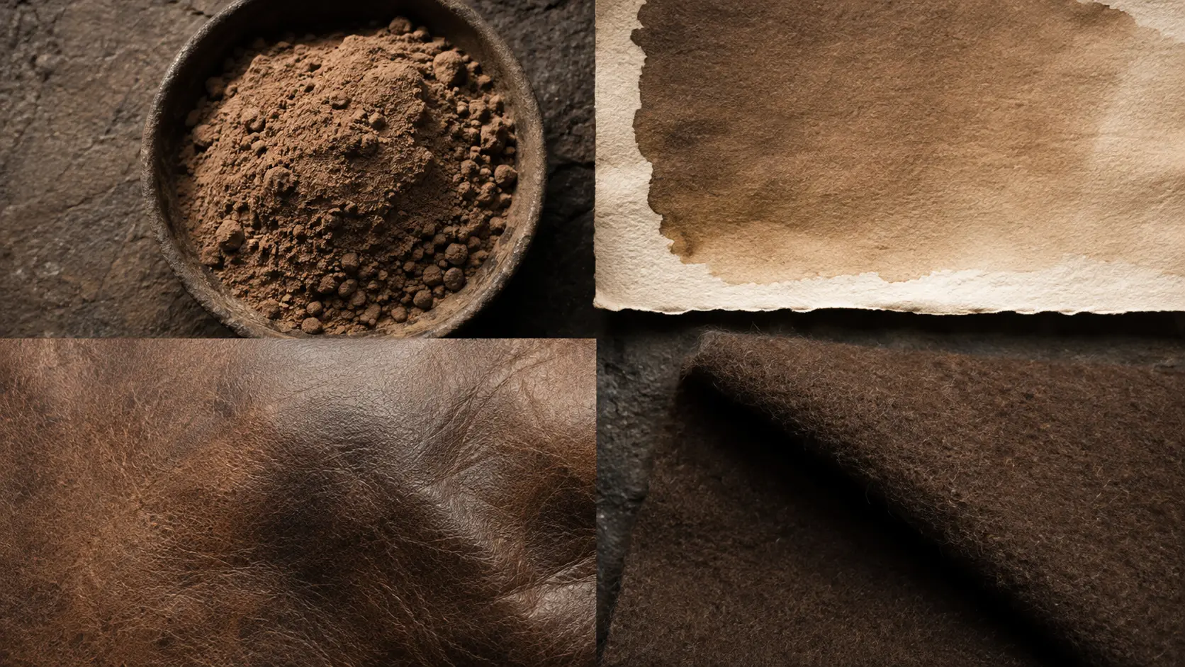 Étude de matières bistre : pigment sec, lavis sur papier, cuir patiné et feutre brun fumé