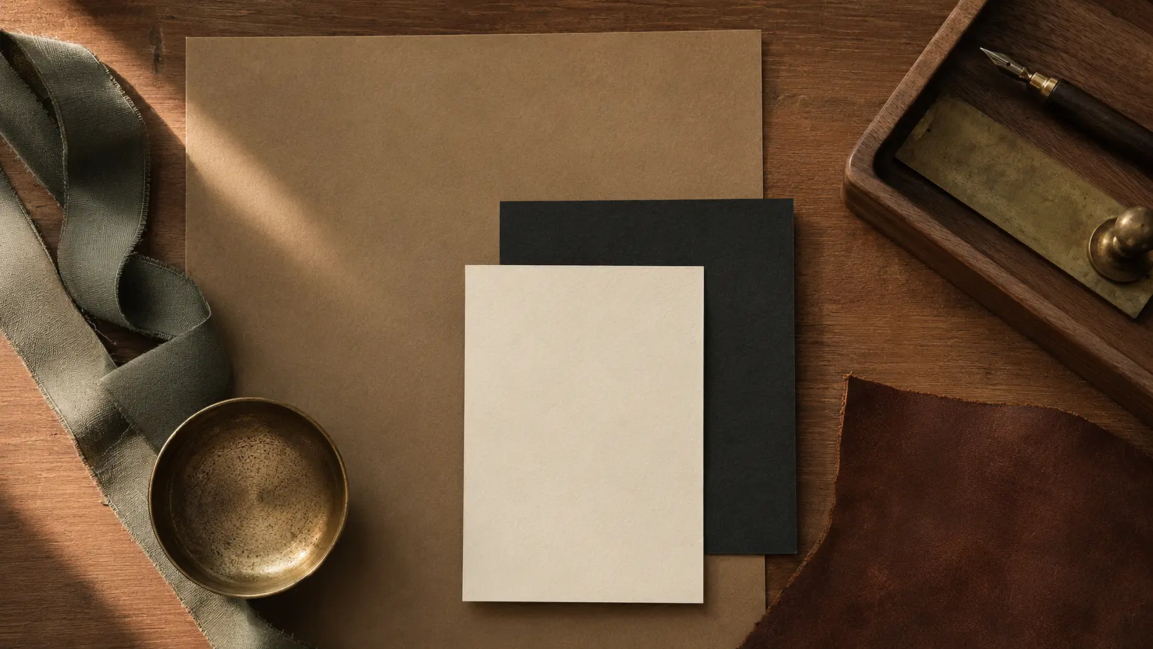 Palette d’application bistre avec papiers écru et noir encre, ruban vert-de-gris, cuir, laiton vieilli et noyer