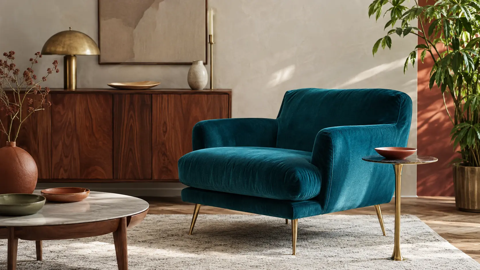 Salon contemporain avec fauteuil en velours bleu canard, meuble en noyer, laiton, mur ivoire et accents terracotta