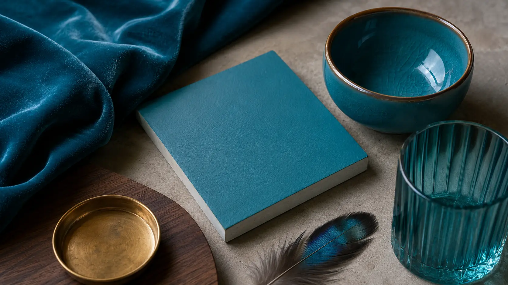 Étude bleu canard réunissant velours, peinture mate, céramique émaillée et verre teinté sous une même lumière