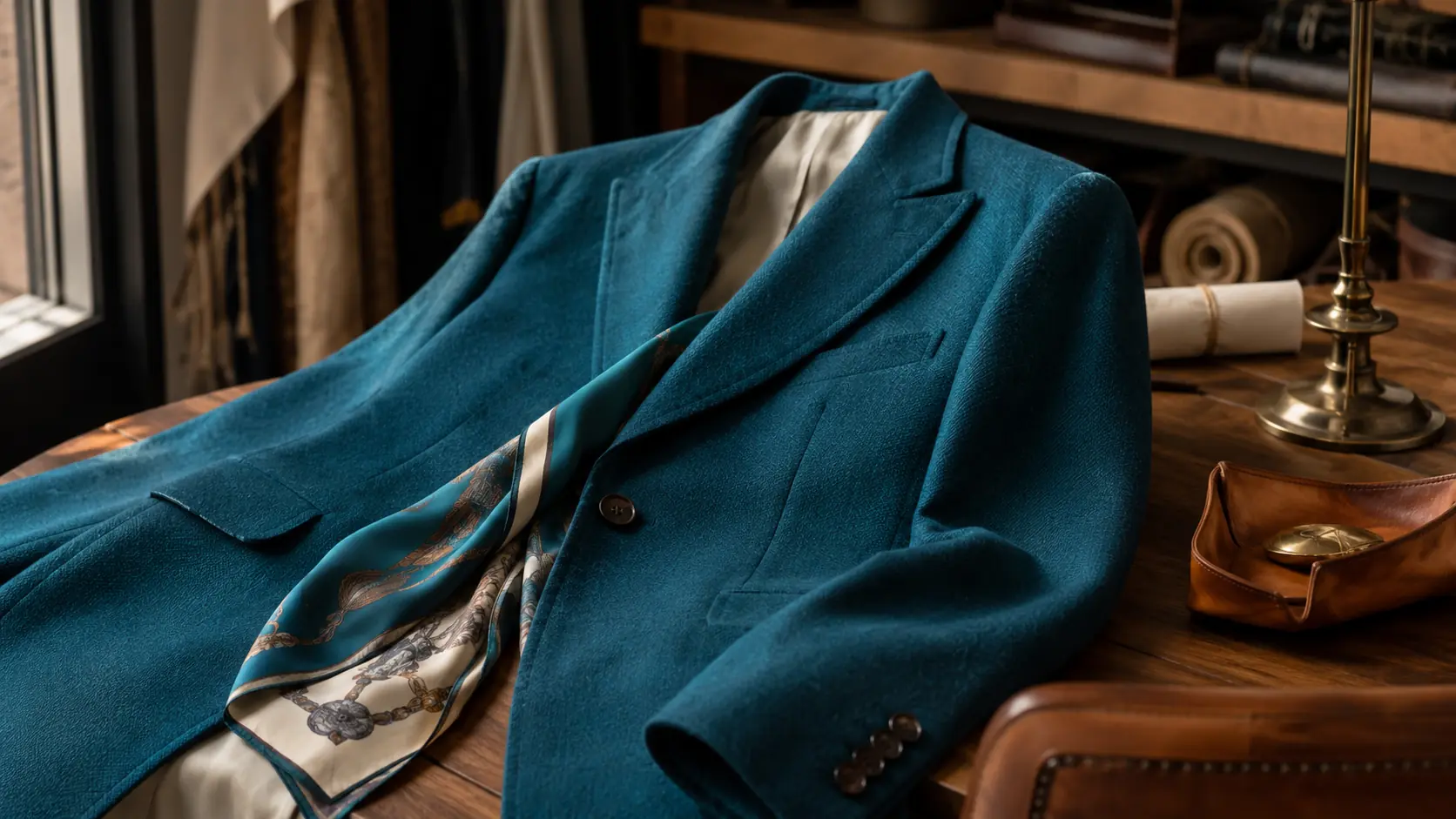 Veste en laine bleu canard et foulard de soie photographiés dans un atelier avec cuir cognac et laiton