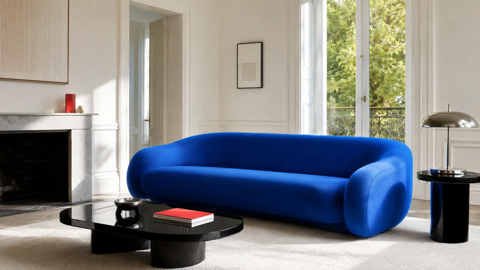 Salon galerie avec canapé bleu roi, murs blancs, tables noires, métal chromé et petit accent rouge