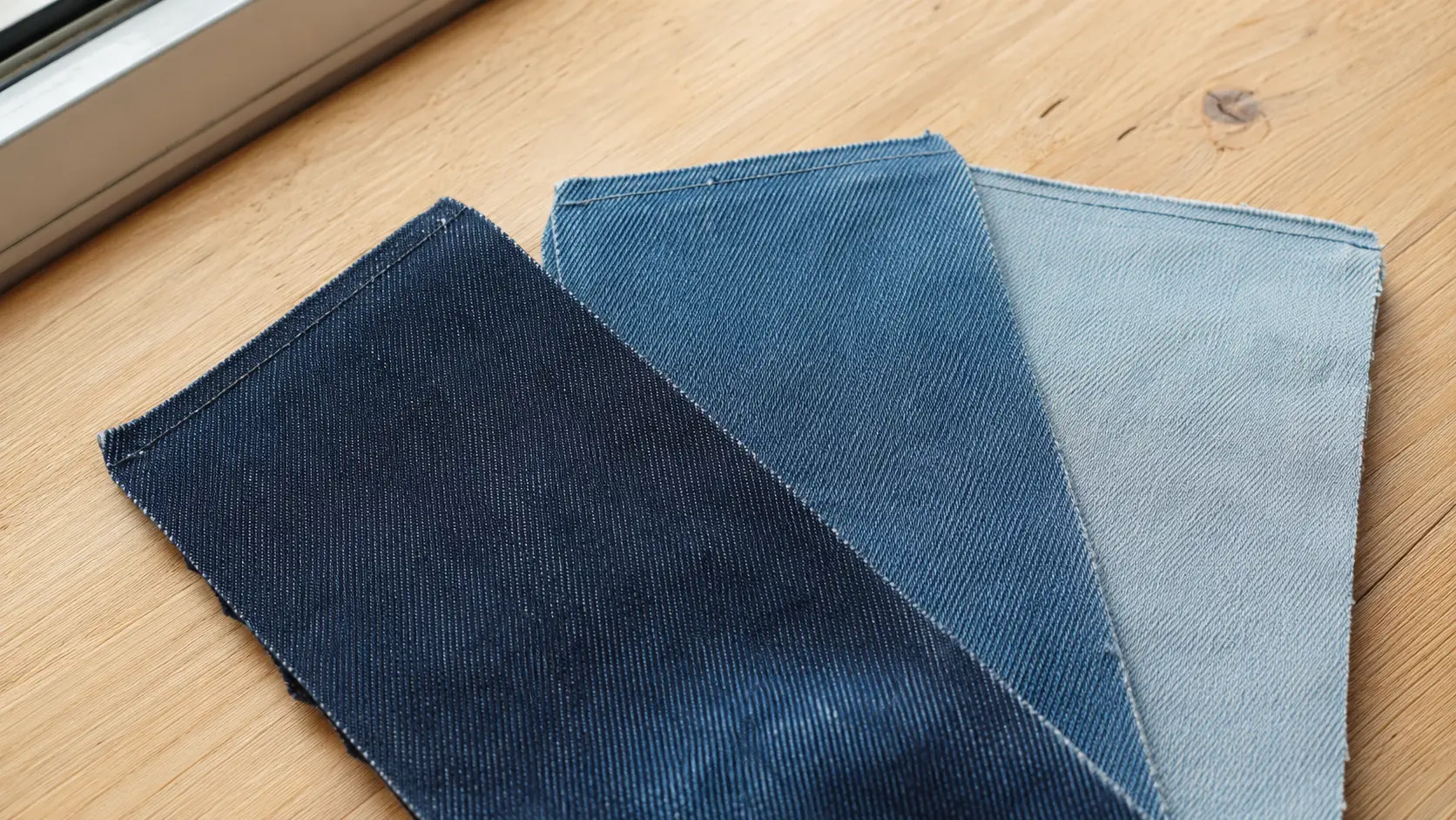 Trois échantillons de denim indigo, bleu moyen et bleu délavé montrant la trame et les coutures