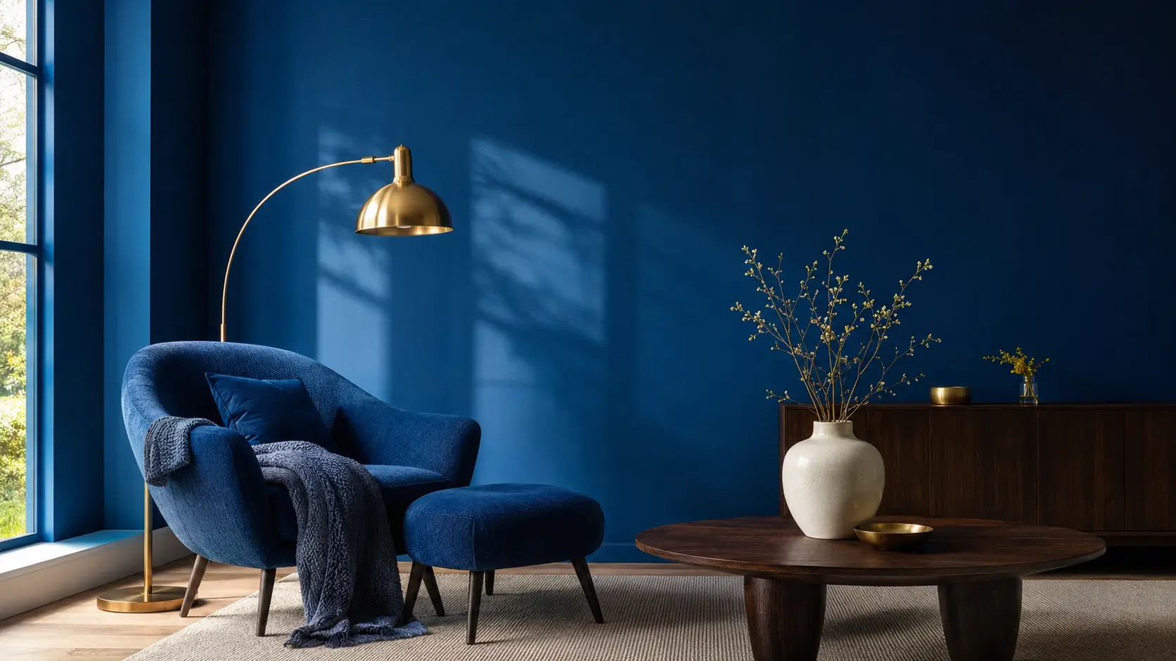 Intérieur bleu profond avec fauteuil en laine, mur mat, bois sombre, laiton, porcelaine et petit accent jaune