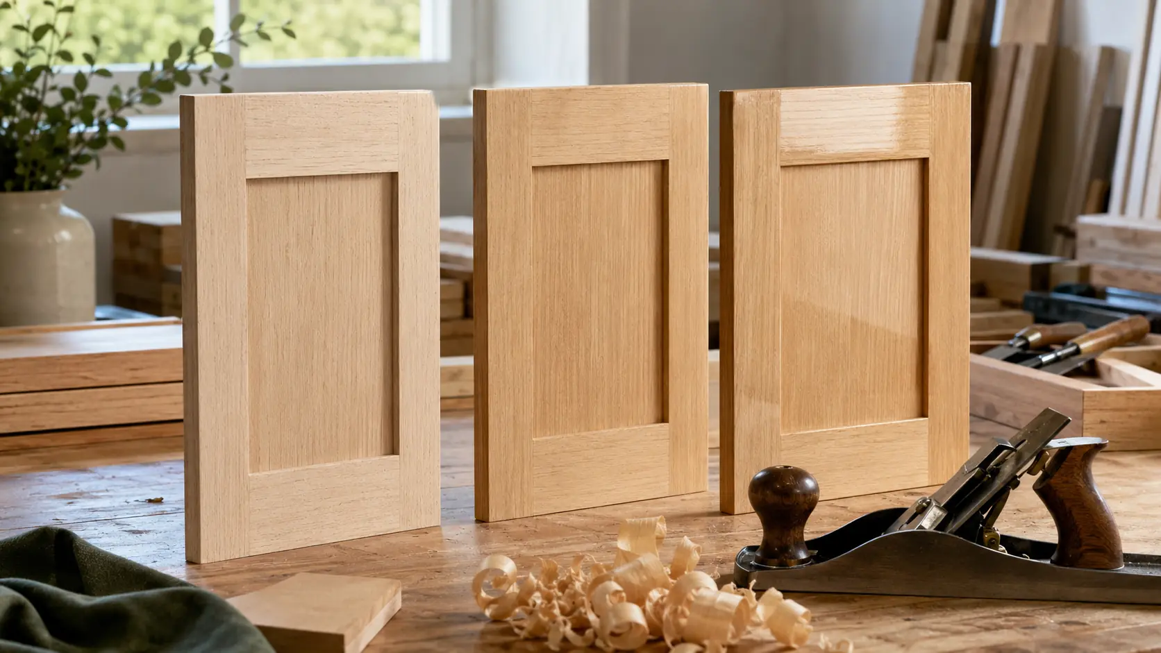 Trois panneaux de menuiserie en bois clair montrant des finitions brute, huilée et satinée dans un atelier d’ébénisterie
