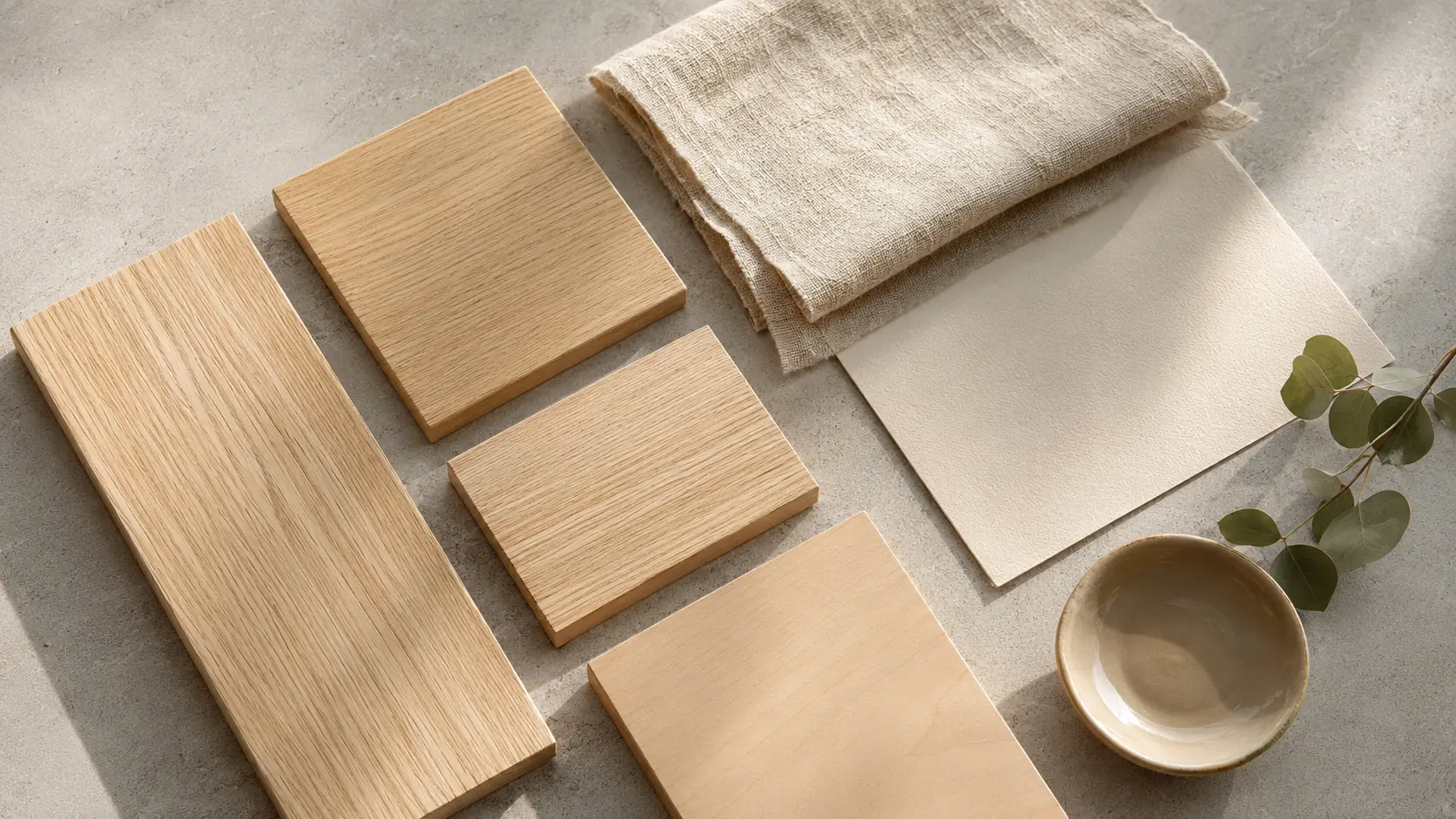 Étude de bois clairs avec chêne, frêne, érable, lin naturel, papier ivoire et céramique sous une même lumière