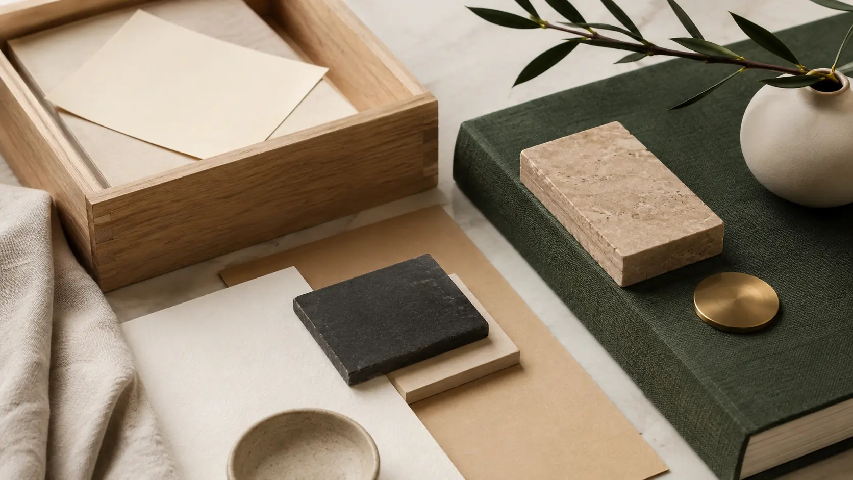 Système d’application bois clair avec boîte en bois, papiers ivoire, livre vert forêt, pierre charbon, céramique et laiton