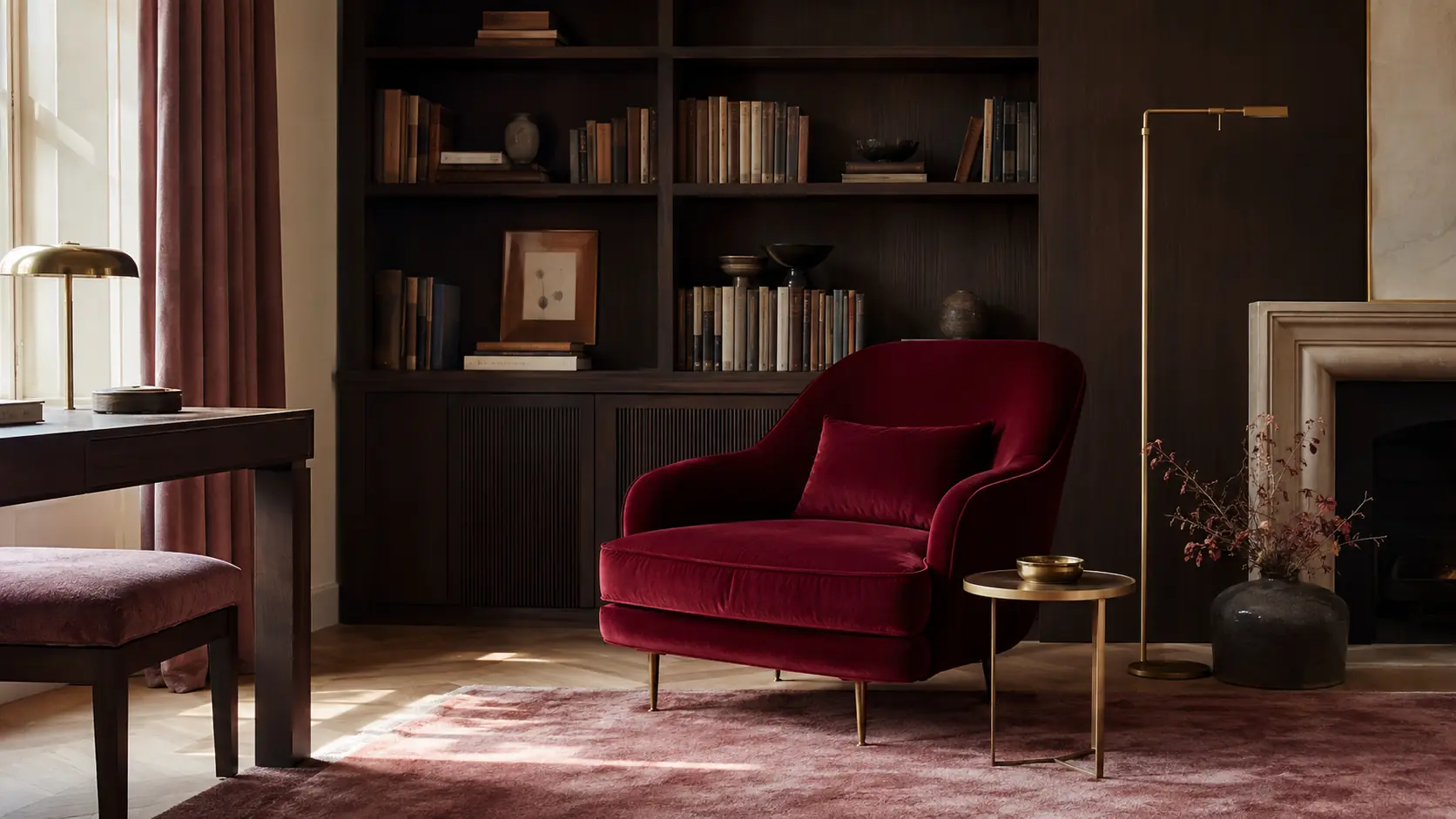 Salon de lecture avec fauteuil en velours bordeaux, bibliothèque en bois fumé, enduit ivoire, textile rose sourd et laiton
