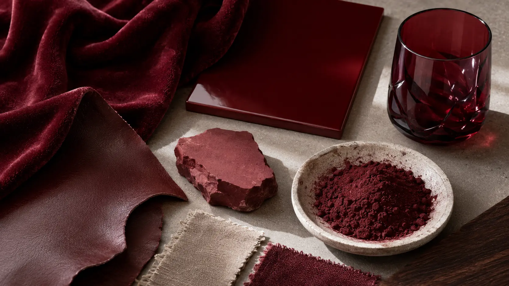 Étude bordeaux réunissant velours, cuir, laque, verre teinté et pigment sec sous une lumière contrôlée