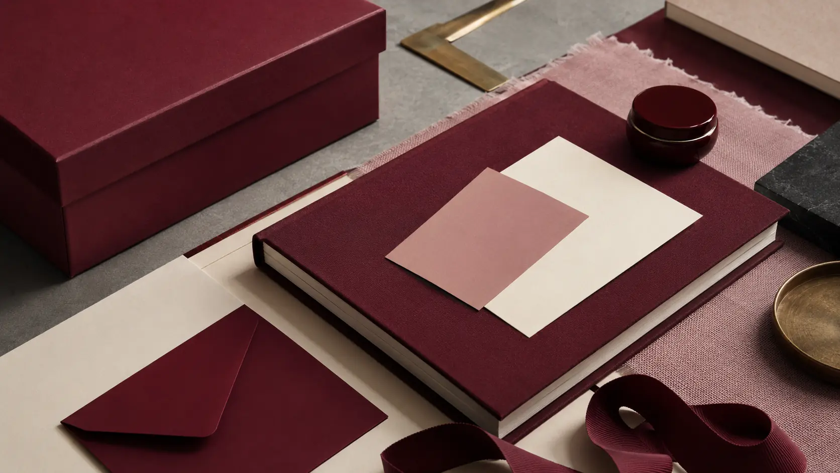Système d’application bordeaux avec boîte, carnet, papiers ivoire et rose sourd, ruban textile, charbon et laiton