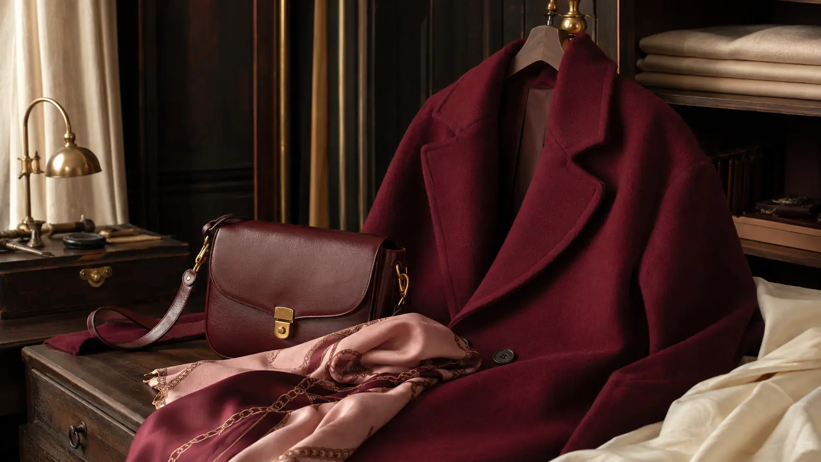 Manteau en laine bordeaux, sac en cuir et foulard de soie photographiés dans un atelier avec ivoire et laiton