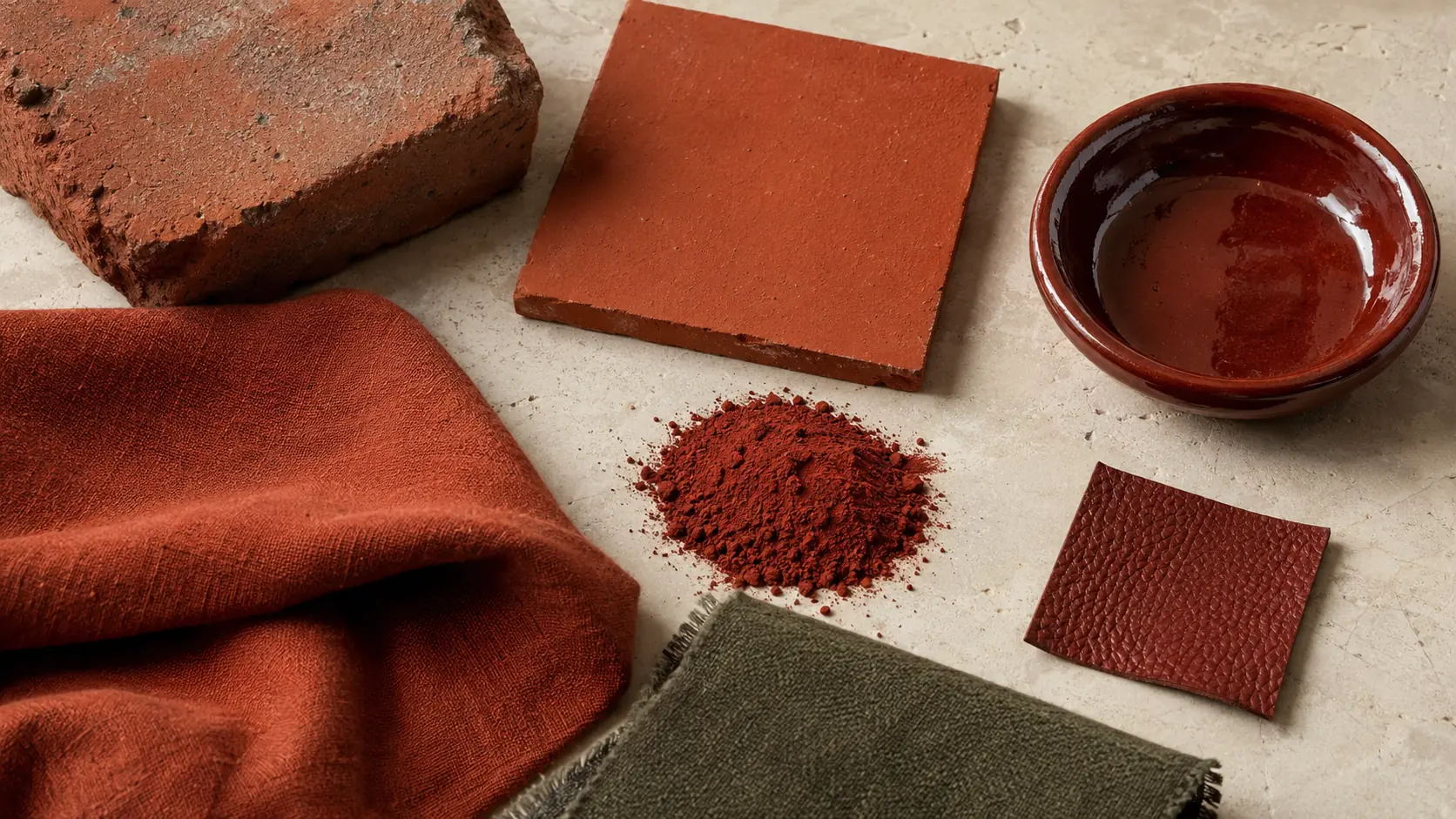 Étude brique réunissant brique cuite, carreau de terre cuite, pigment minéral, céramique émaillée, lin et cuir