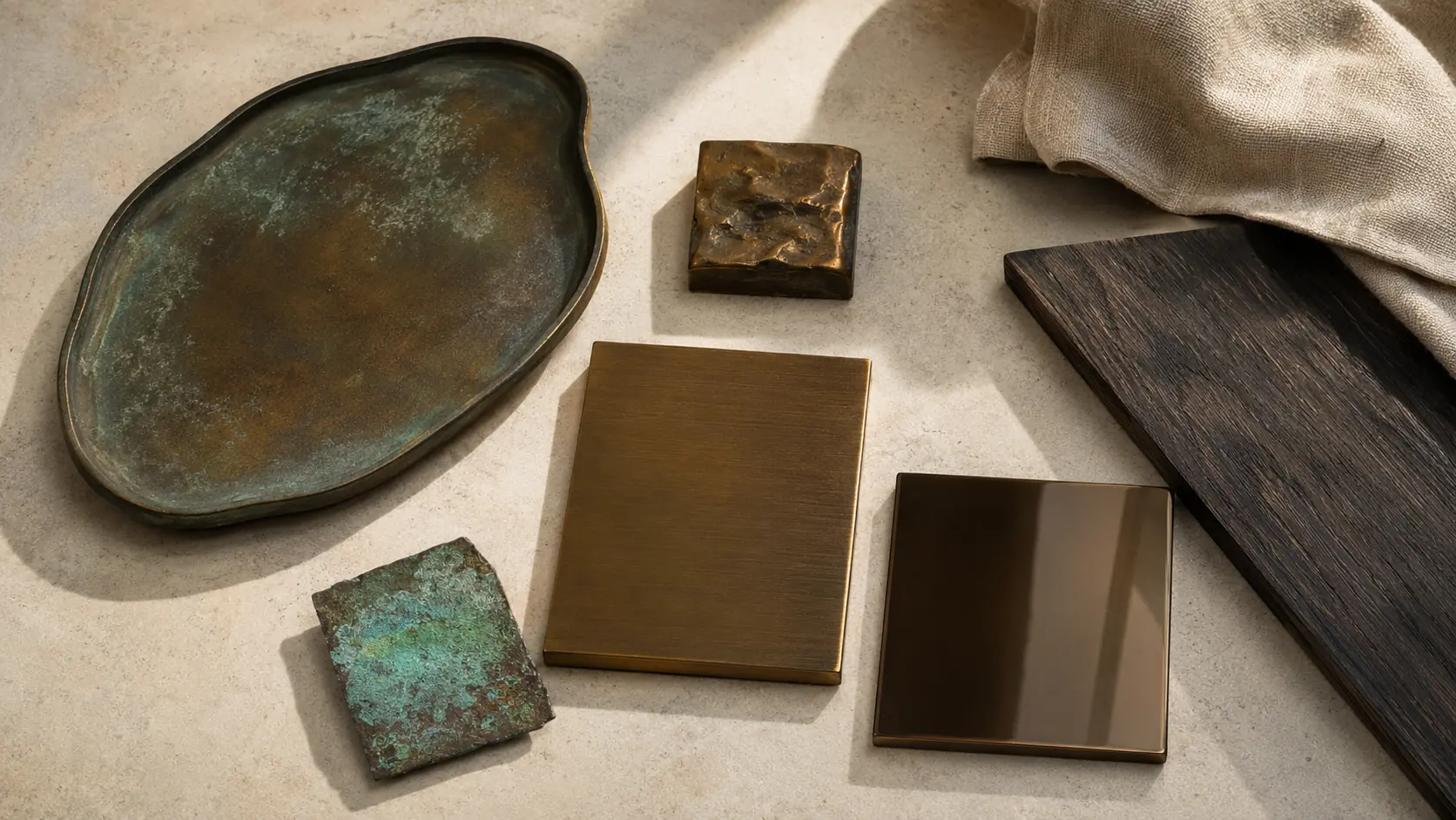 Étude de matières réunissant bronze patiné, bronze brossé, bronze poli, plaque oxydée vert-de-gris, chêne fumé et lin sur pierre claire