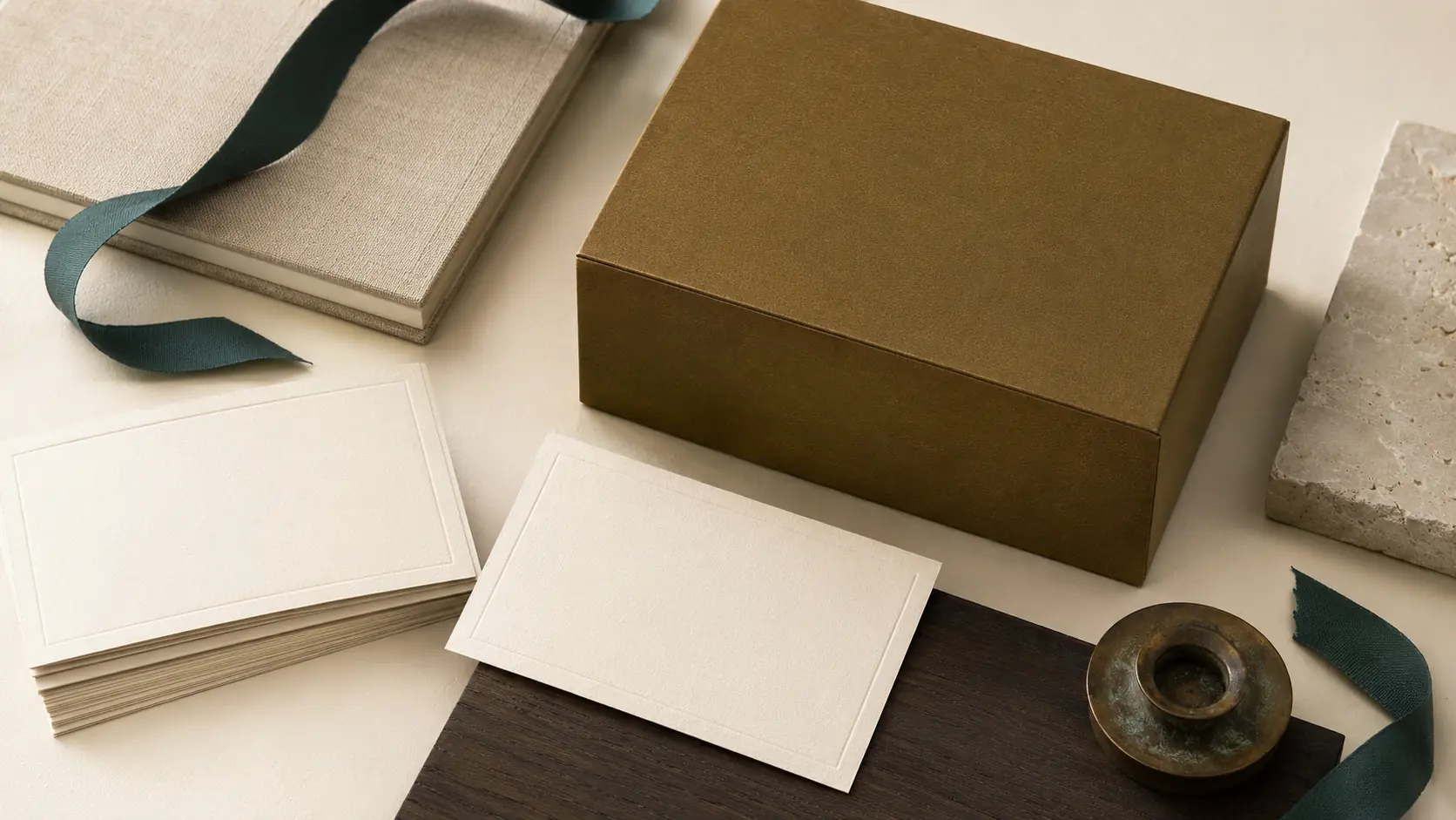 Système d’application bronze avec boîte sans marque, cartes ivoire, carnet en lin, pierre claire, chêne fumé, ruban bleu-vert et petit objet patiné