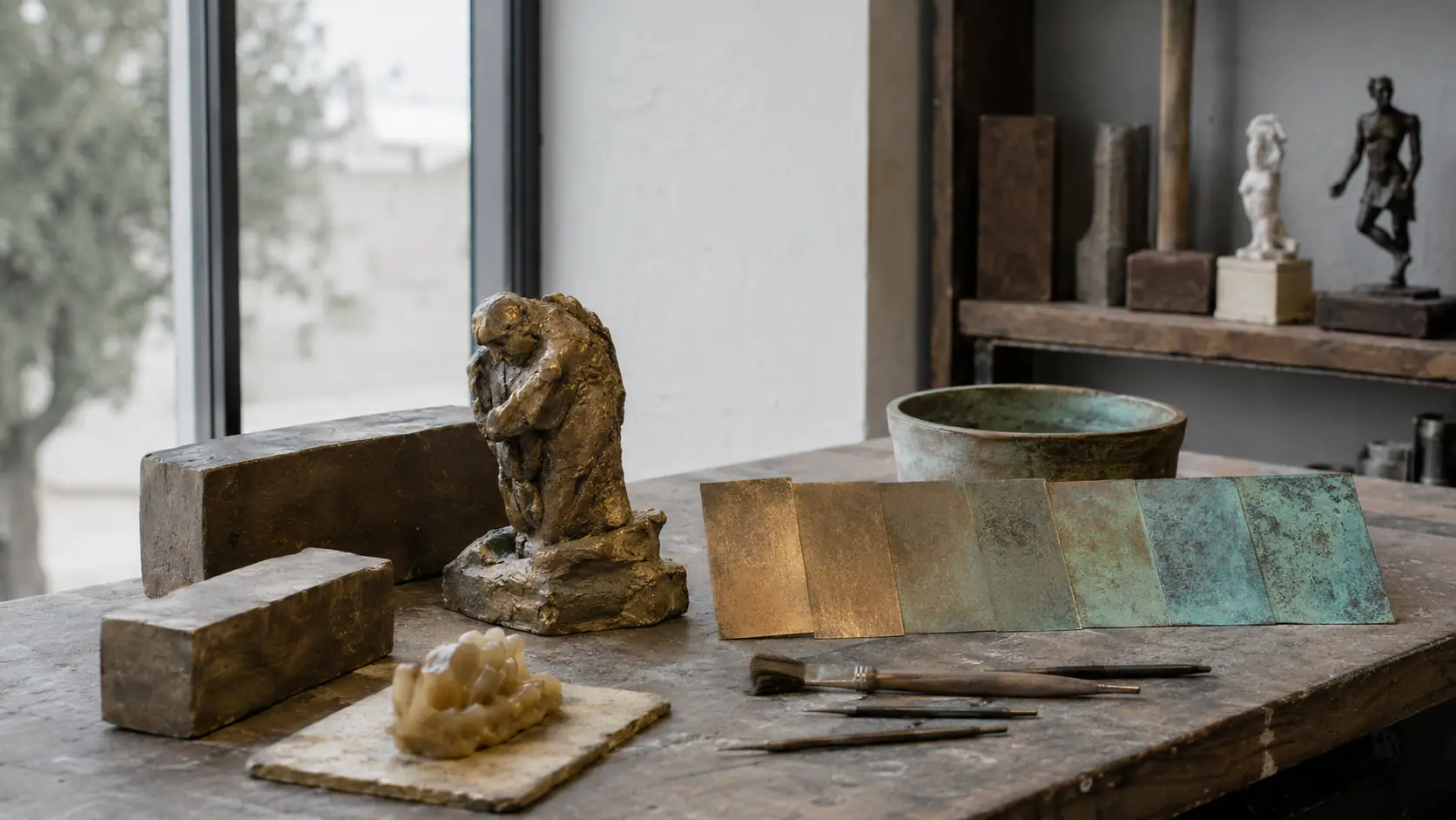 Atelier de fonderie d’art avec sculpture en bronze, lingots, modèle en cire, outils et série de plaques de patine allant du bronze chaud au vert-de-gris