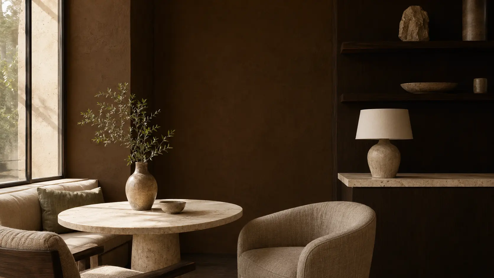 Intérieur contemporain avec grand mur brun café, table en travertin clair, assises en textile avoine, étagères en bois sombre et feuillage sauge