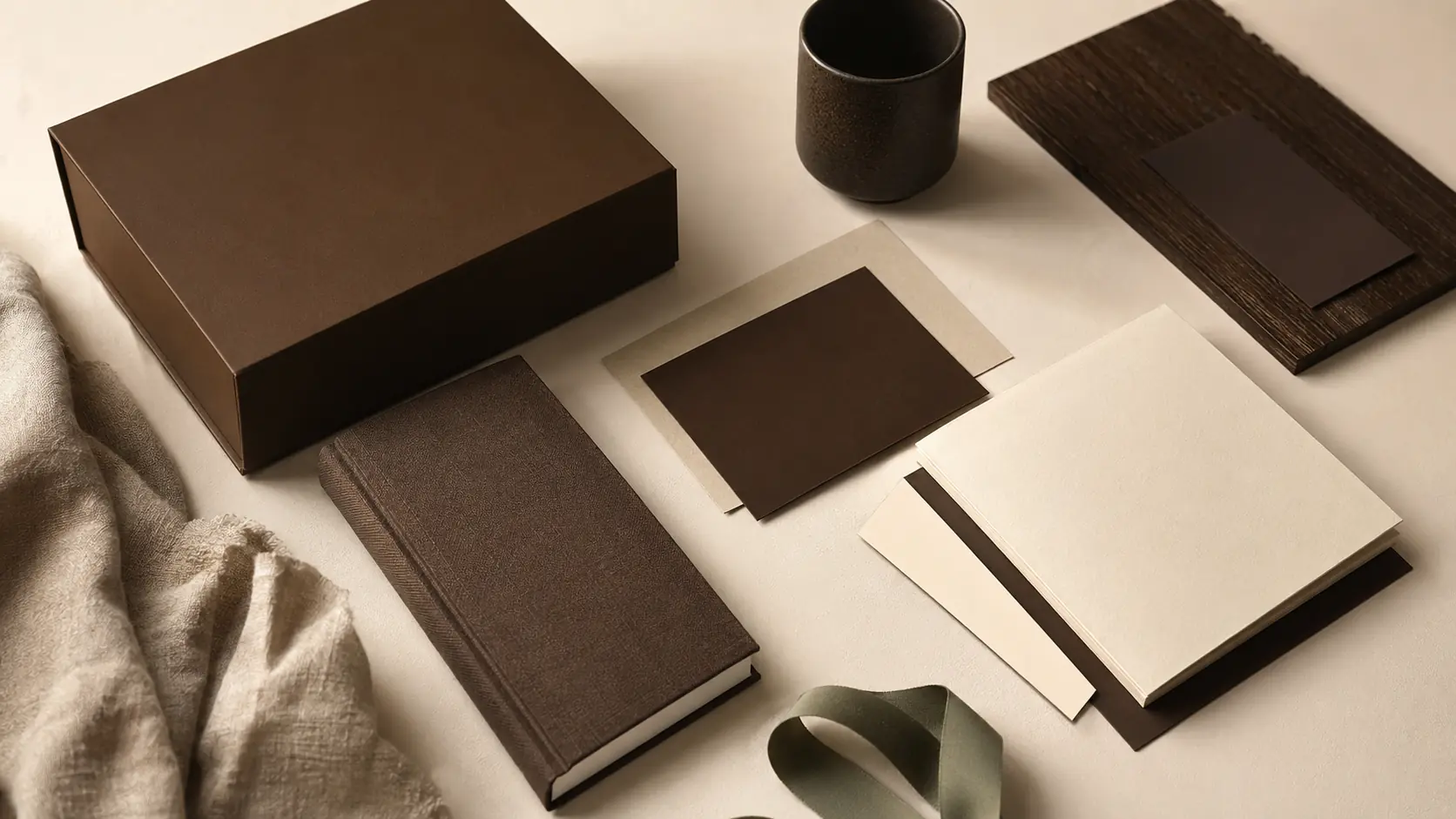 Système d’application café avec boîte brun profond, cartes crème, carnet textile, tasse mate, chêne sombre, tissu avoine et ruban sauge