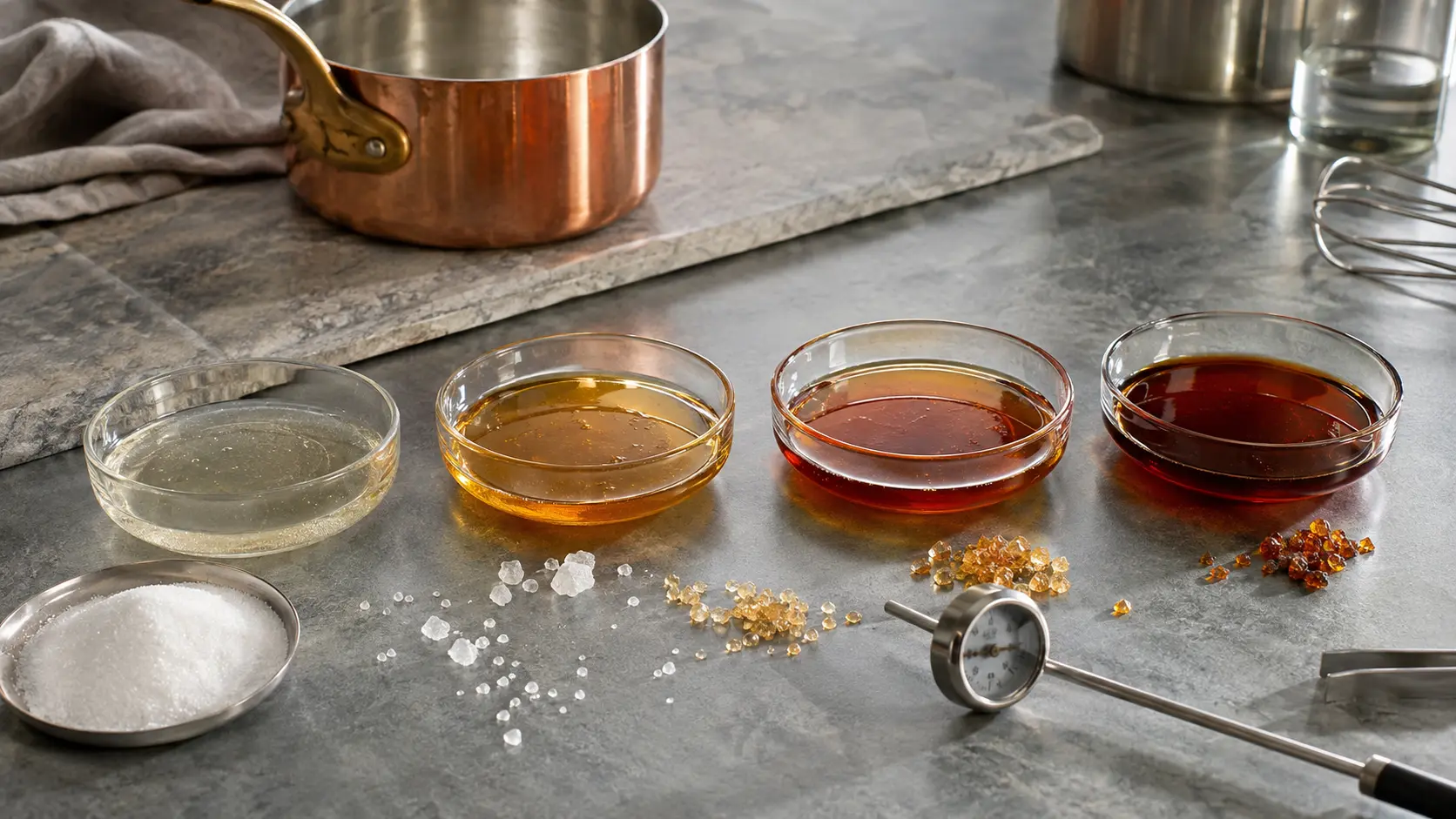 Atelier de pâtisserie avec quatre coupelles en verre montrant le sucre chauffé du sirop clair au caramel blond, ambré puis brun sombre, avec cristaux, casserole en cuivre et thermomètre