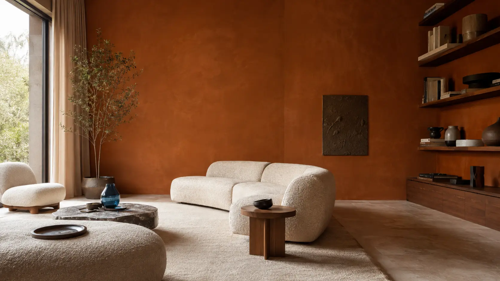 Salon contemporain avec grand mur en enduit caramel, sol en calcaire clair, mobilier en noyer, sièges en bouclé ivoire et vase en verre bleu pétrole