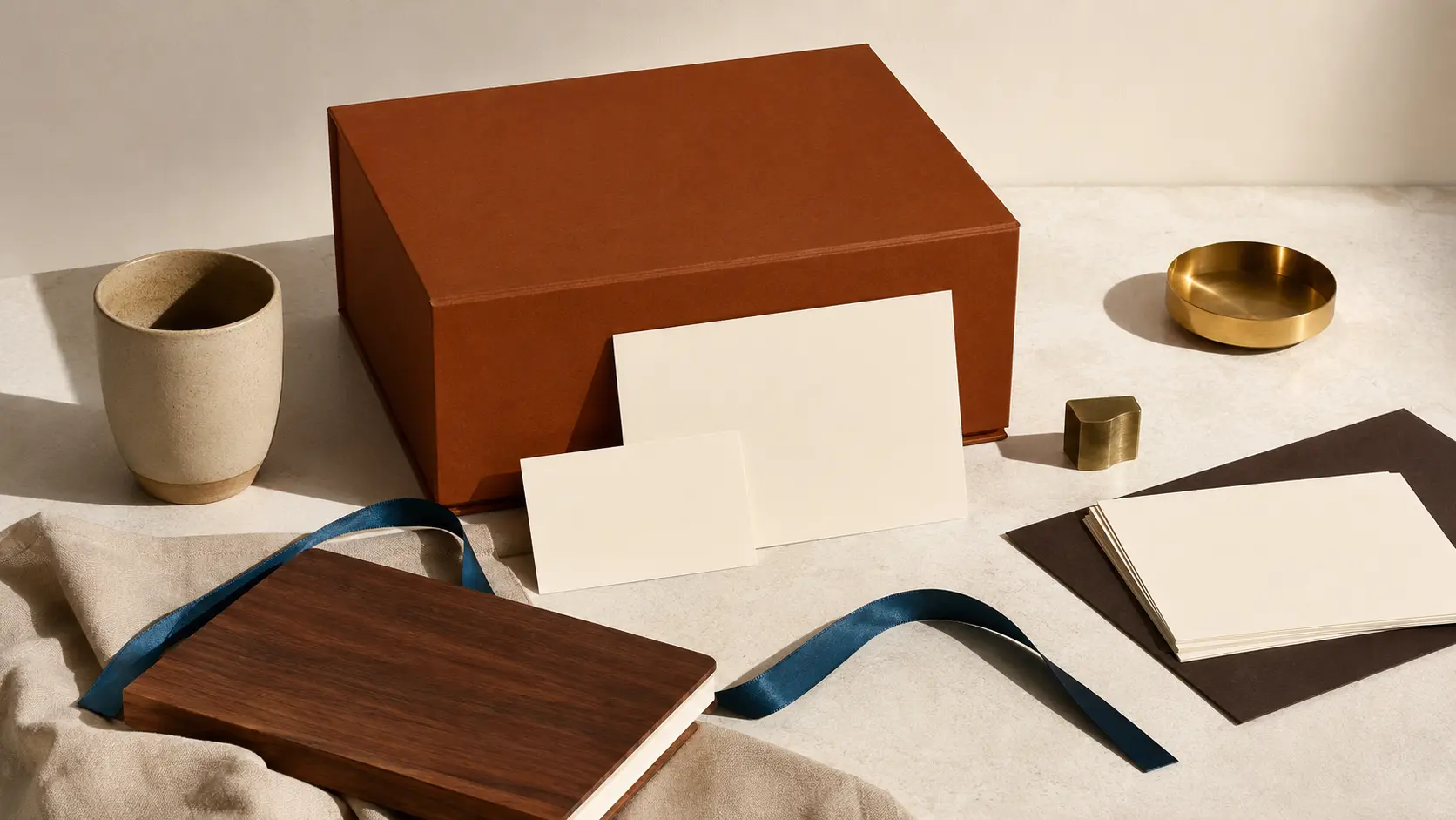 Système d’application caramel avec boîte sans marque, cartes ivoire vierges, carnet en noyer, tasse mate, textile crème, ruban bleu pétrole, papier cacao et détails en laiton brossé