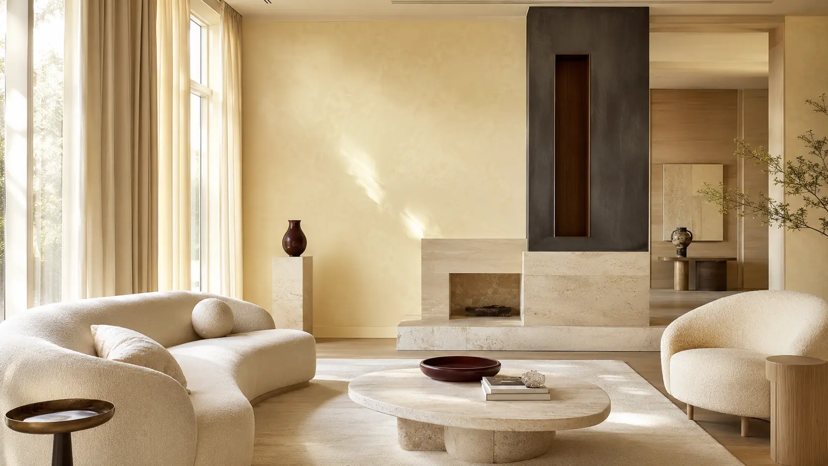 Salon contemporain lumineux avec mur champagne texturé, rideaux de soie claire, travertin, chêne pâle, assises ivoire, cheminée charbon et objets bourgogne