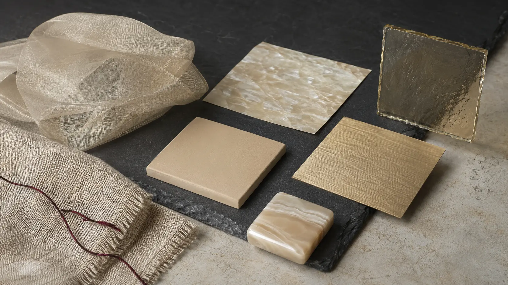 Étude de matières champagne avec satin, organza translucide, papier nacré, métal brossé pâle, céramique mate, verre teinté, lin et pierre polie sur plateau de pierre sombre
