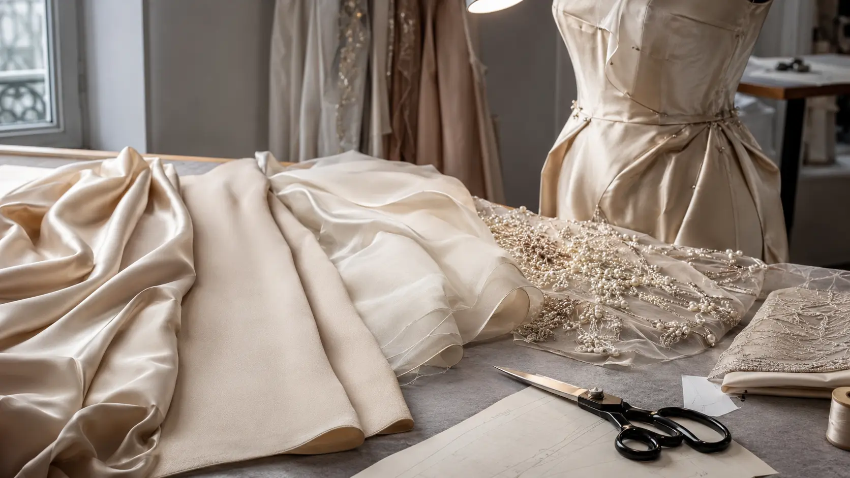 Atelier de couture avec satin champagne, crêpe mat, organza transparent, broderie perlée, fil métallique pâle, patron vierge, ciseaux et vêtement inachevé sur mannequin