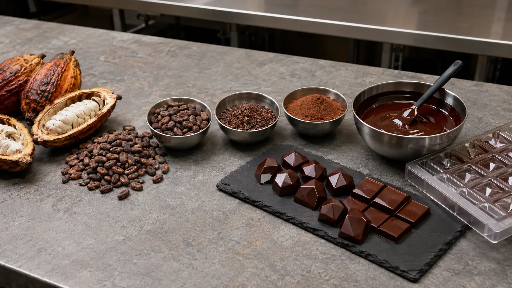 Atelier chocolatier montrant cabosses de cacao, fèves, grué, poudre, chocolat noir tempéré brillant, moule et pièces géométriques sans marque sur table de pierre