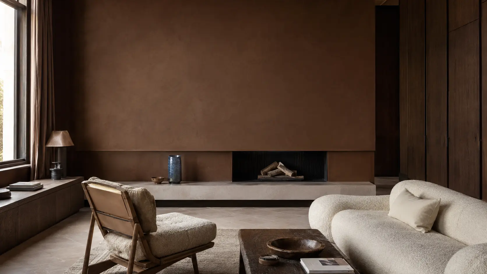Salon contemporain avec grand mur en enduit chocolat, cheminée en pierre calcaire, menuiseries en chêne fumé, sièges en laine ivoire et vase en verre bleu minéral