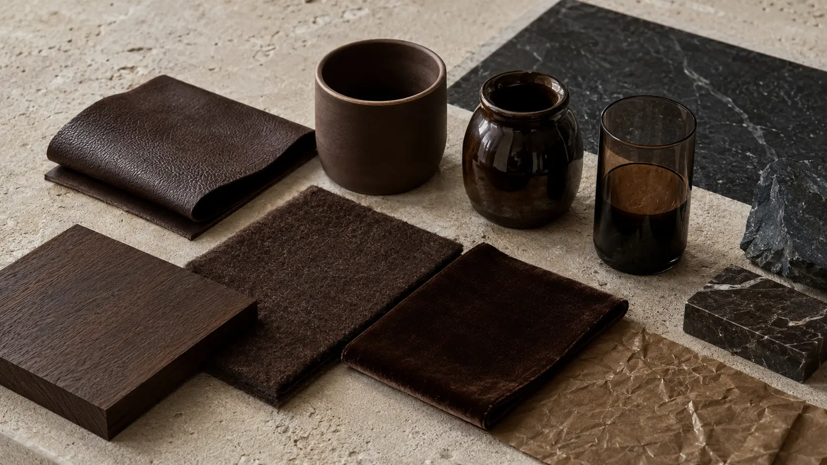 Étude de matières chocolat réunissant cuir grainé, céramique mate et brillante, verre fumé brun, noyer sombre, laine dense, velours, papier ciré et pierres claires et charbon