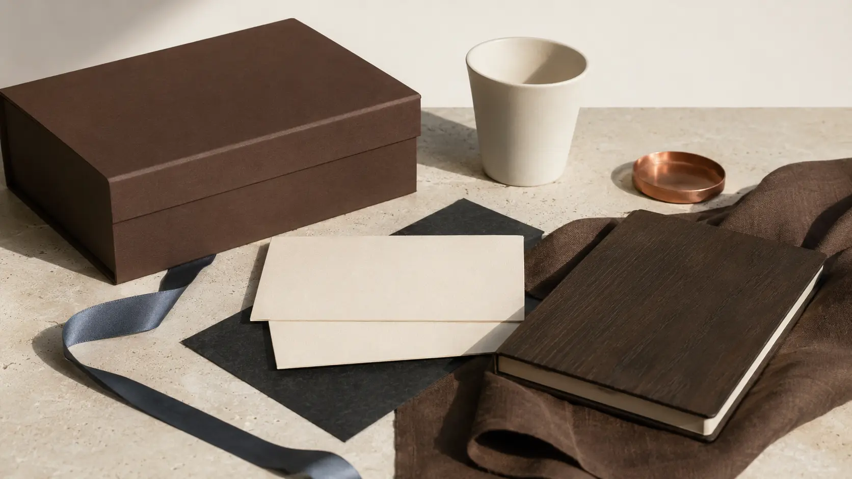 Système d’application chocolat avec boîte sans marque, cartes parchemin vierges, carnet en chêne fumé, tasse ivoire, textile brun, ruban bleu minéral