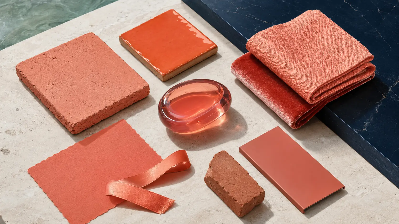 Étude de matières corail réunissant enduit minéral, carreau de céramique émaillée, lin, velours, verre translucide, métal peint, papier mat