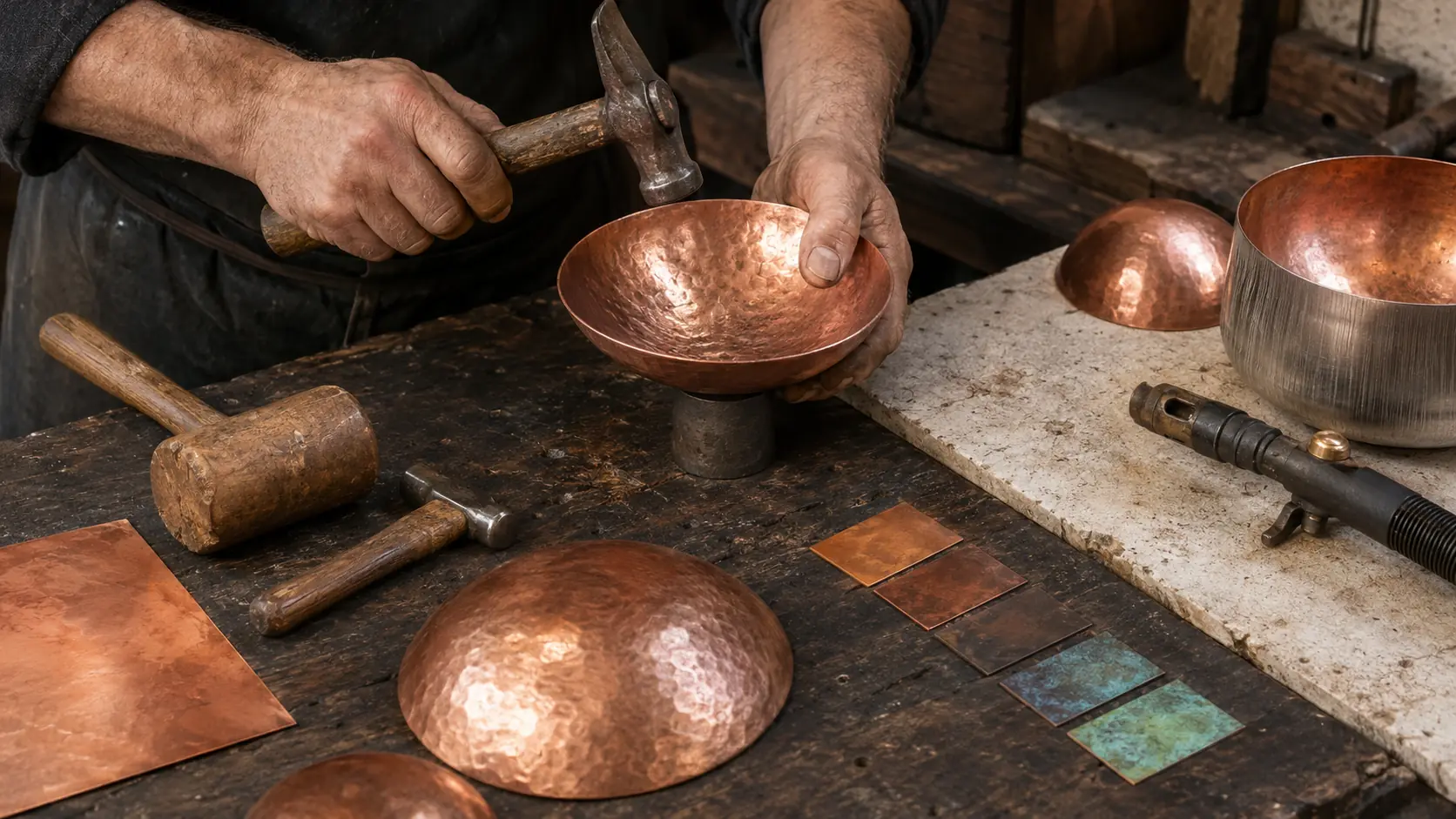 Établi de dinandier avec mains d’artisan martelant une coupe en cuivre, maillets, feuilles de métal, pièces polies et brossées