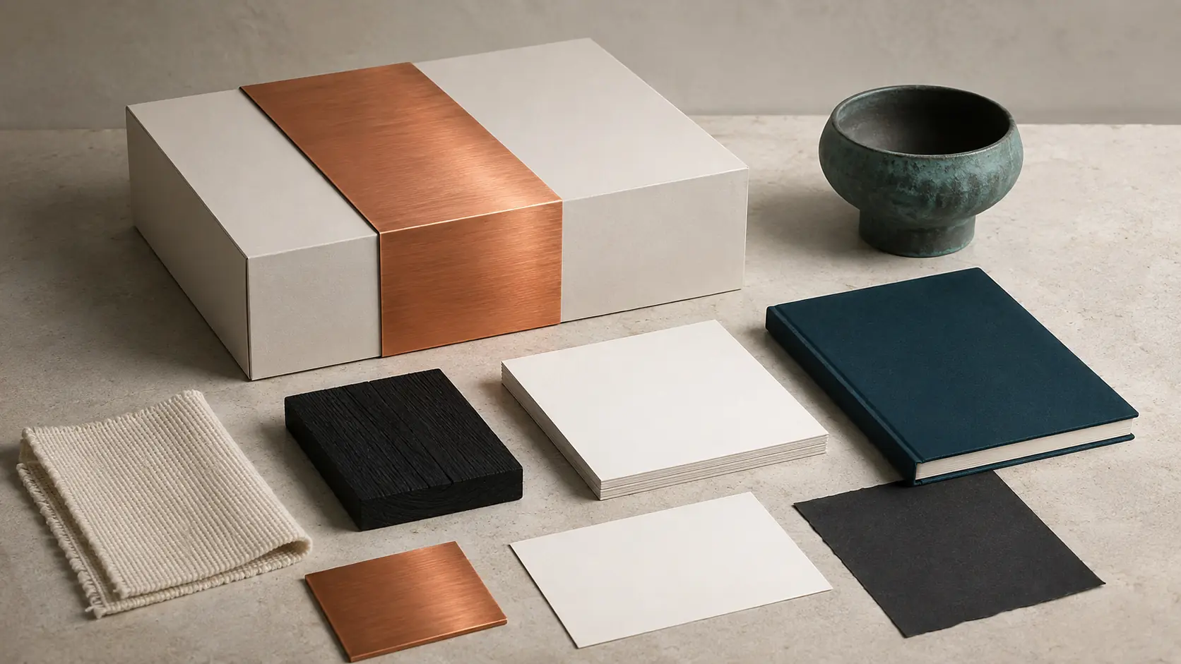 Système d’application cuivre avec boîte sans marque, cartes craie vierges, carnet bleu pétrole, bois noirci, textile écru, petite plaque en cuivre brossé et détail vert-de-gris