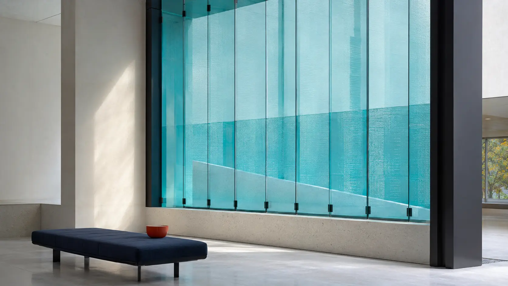 Architecture intérieure lumineuse avec grande façade en verre cyan translucide, banquette bleu nuit, béton clair et petit vase orange