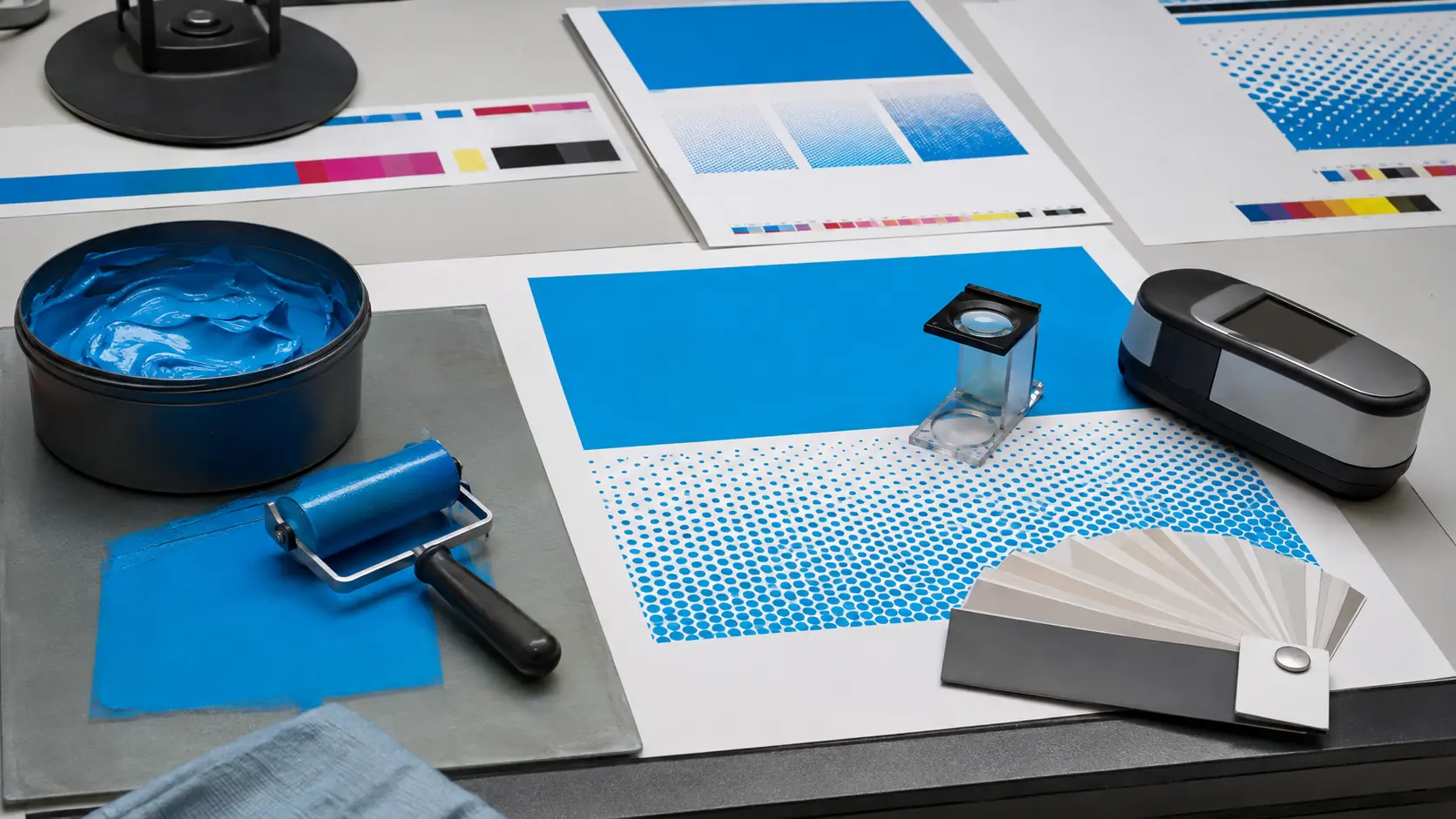 Atelier de prépresse avec encre cyan, rouleau, aplats et trames imprimés, nuancier, loupe de contrôle et spectrophotomètre