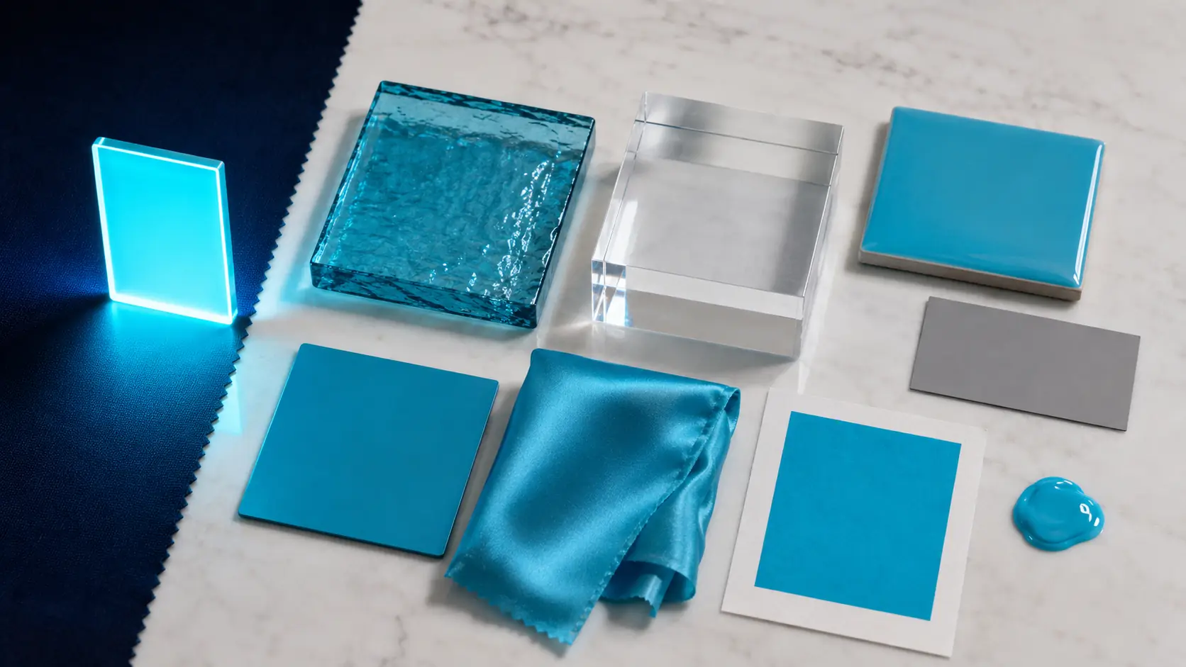 Étude de matières cyan avec panneau lumineux, verre transparent, acrylique, céramique émaillée, satin, papier imprimé, peinture et carte gris neutre